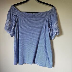 EUC LOFT VINTAGE SOFT STRIPED BOATNECK / OFF SHOULDER TOP EMBROIDERED SLEEVES S